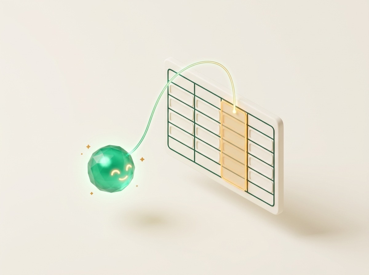 Illustration of an AI assistant orb connected to a highlighted spreadsheet column