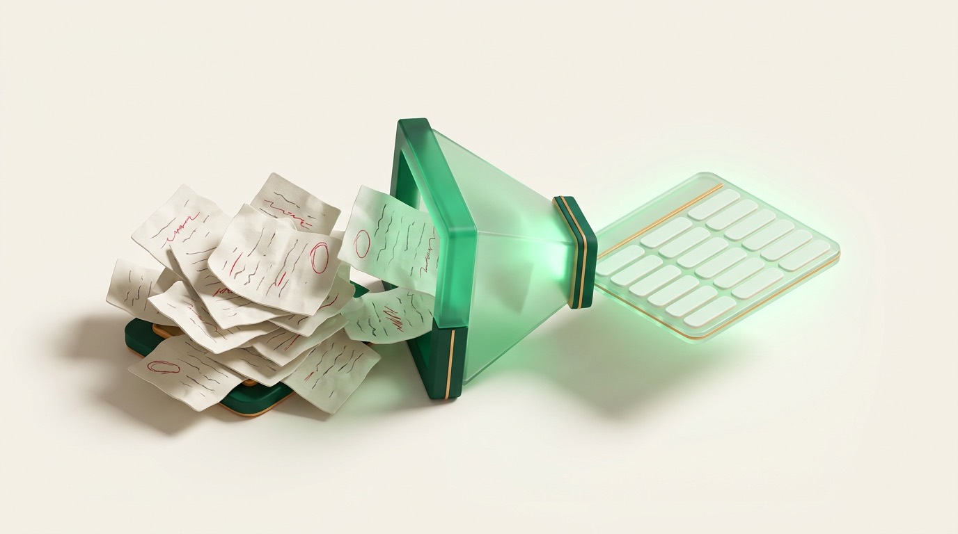 Illustration of messy spreadsheets flowing through Inavolus and emerging as one clean, orderly sheet