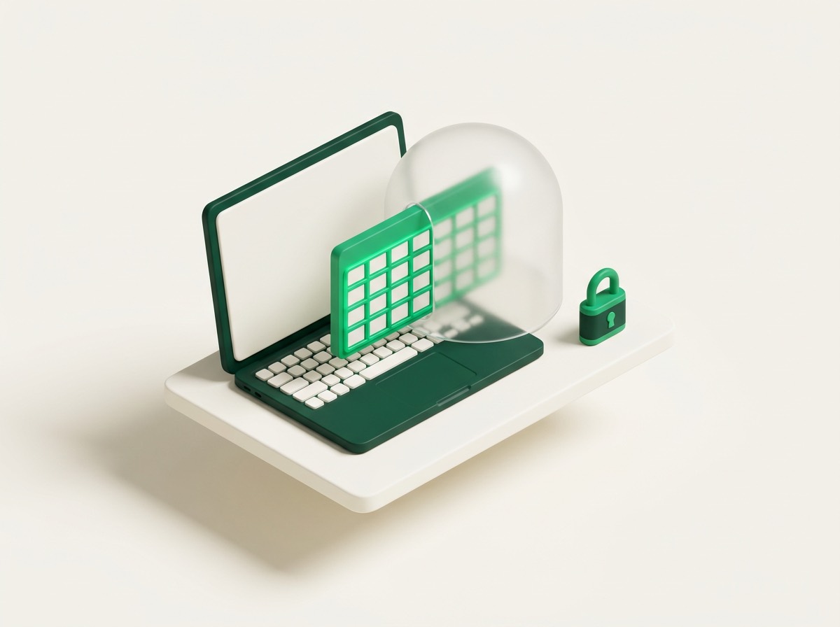 Laptop with a spreadsheet protected under a translucent dome with a padlock
