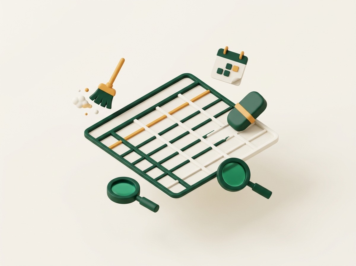 Illustration of a spreadsheet being tidied by a small orbit of cleaning tools